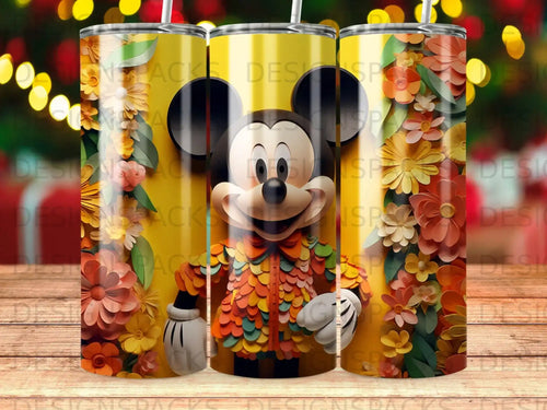Mickey Mouse in a colorful, textured jacket surrounded by floral patterns.