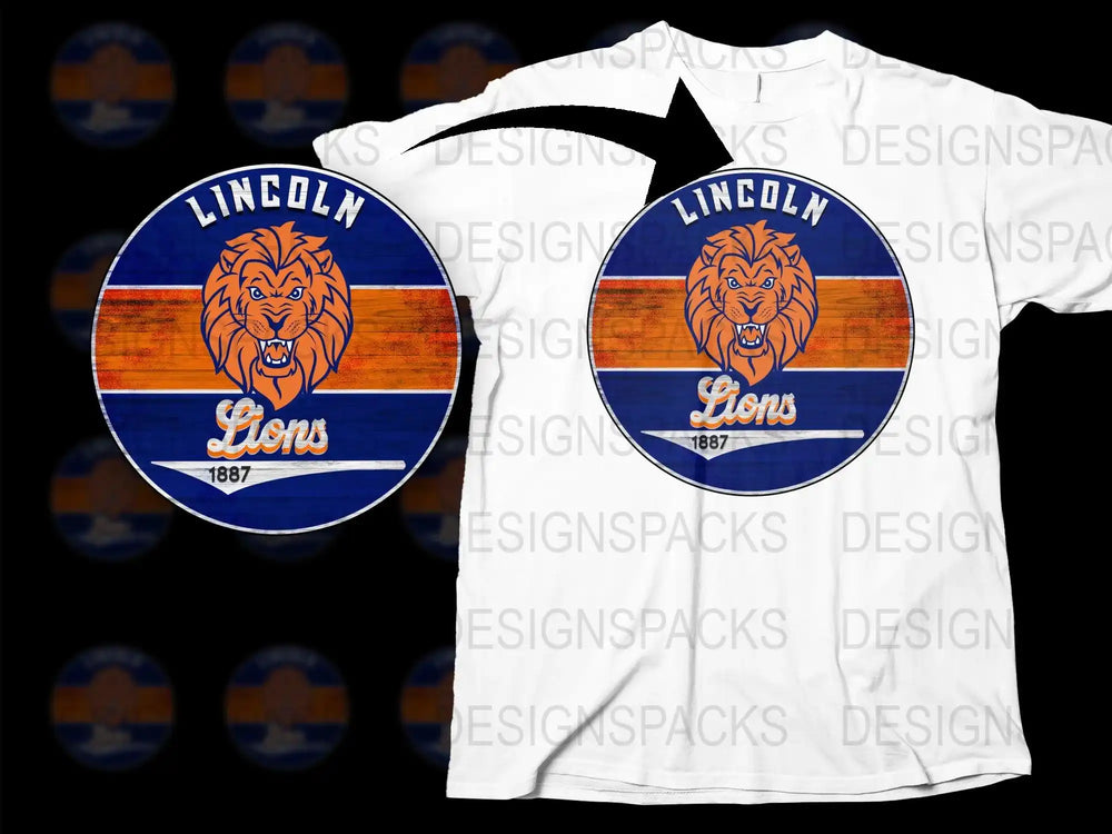 Lincoln Lions 1887 Graphic T-Shirt, Vintage Mascot Design, High School Sports Tee, Retro Style Lion Emblem, Unisex Clothing