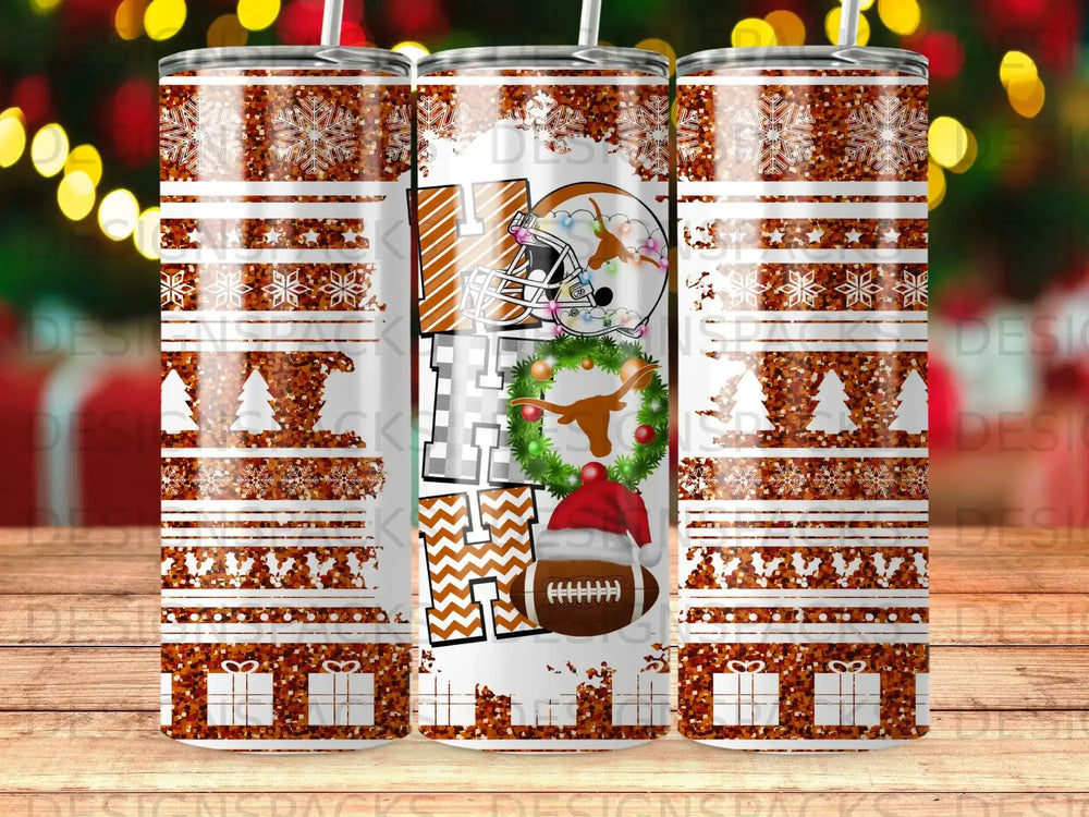 Tumbling tumbler with "HO HO HO" text, snowflakes, and Christmas ornaments.