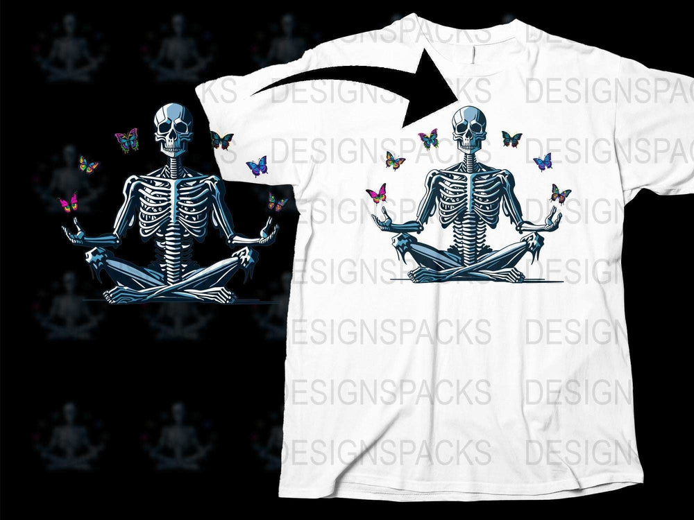 Skeleton Meditation Graphic T-Shirt, Unisex White Tee with Colorful Butterflies, Yoga Skeleton Design, Casual Streetwear