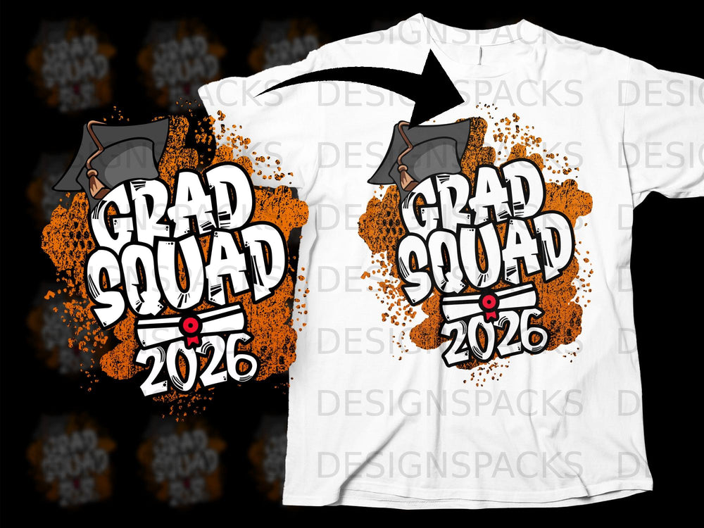 White t-shirt with "GRAD SQUAD 2026" text and graduation cap graphic.