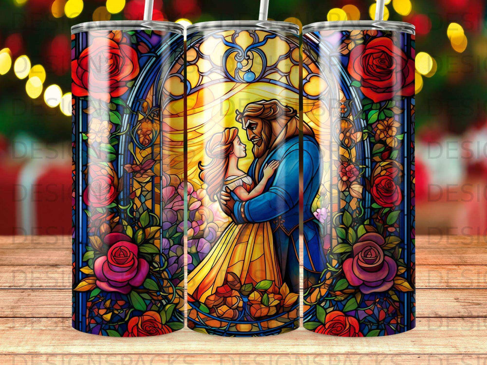 Beauty and the Beast characters embrace in front of a stained-glass rose window.