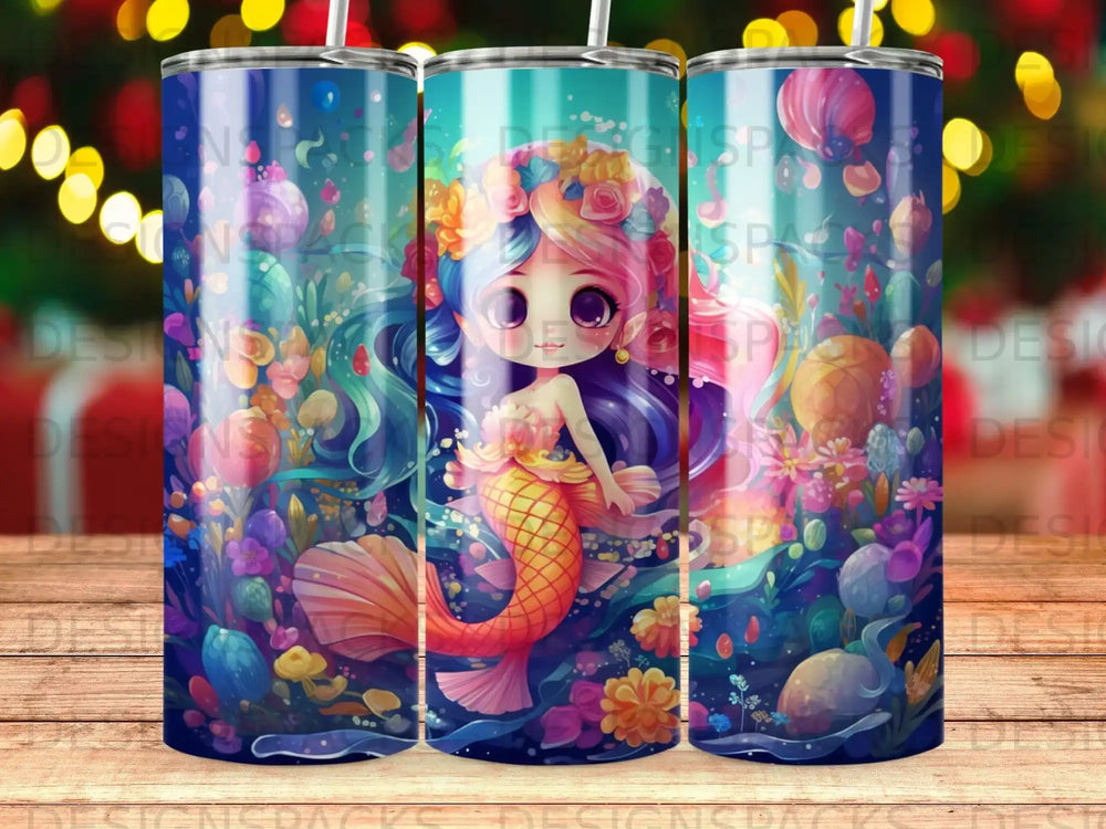 Illustration of a cute mermaid with colorful hair and tail surrounded by coral and sea life.