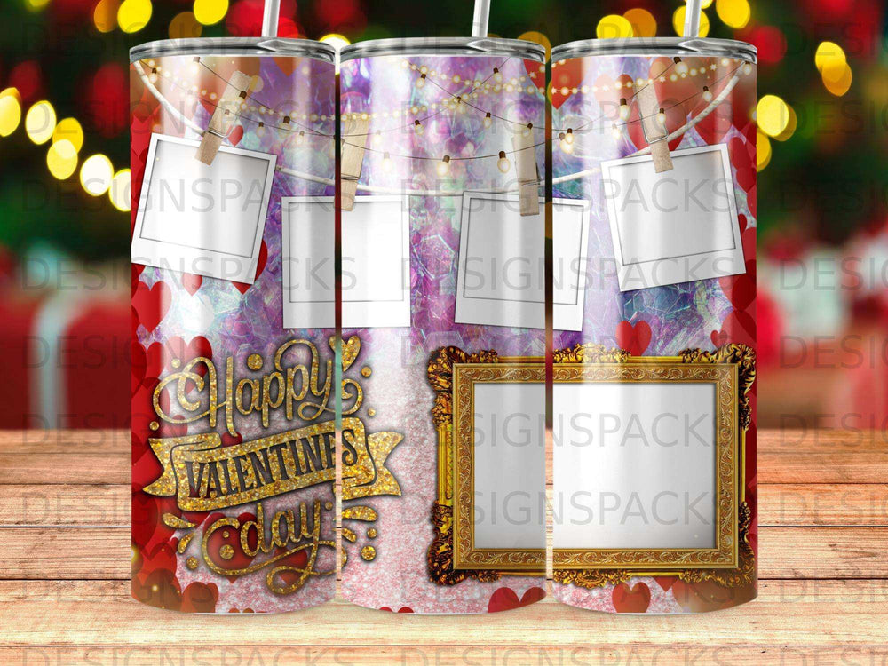 Happy Valentine's Day tumbler with string lights and photo frames.
