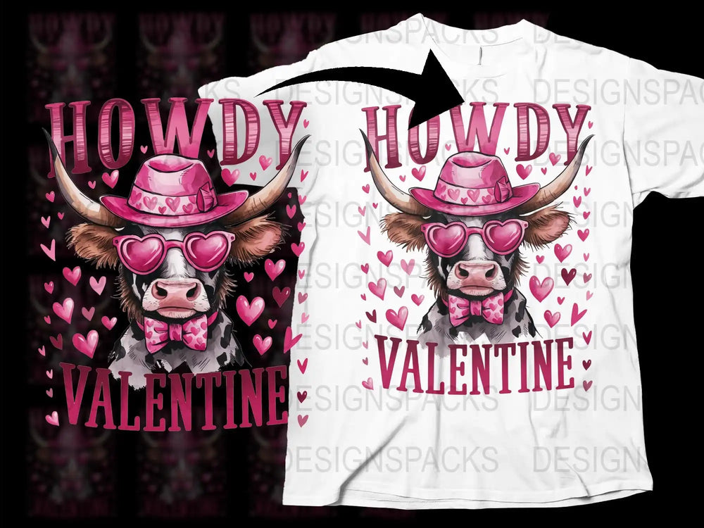 Howdy Valentine Cow T-Shirt, Cute Farm Animal with Hearts, Pink Sunglasses, Western Style Valentine's Day Gift Tee