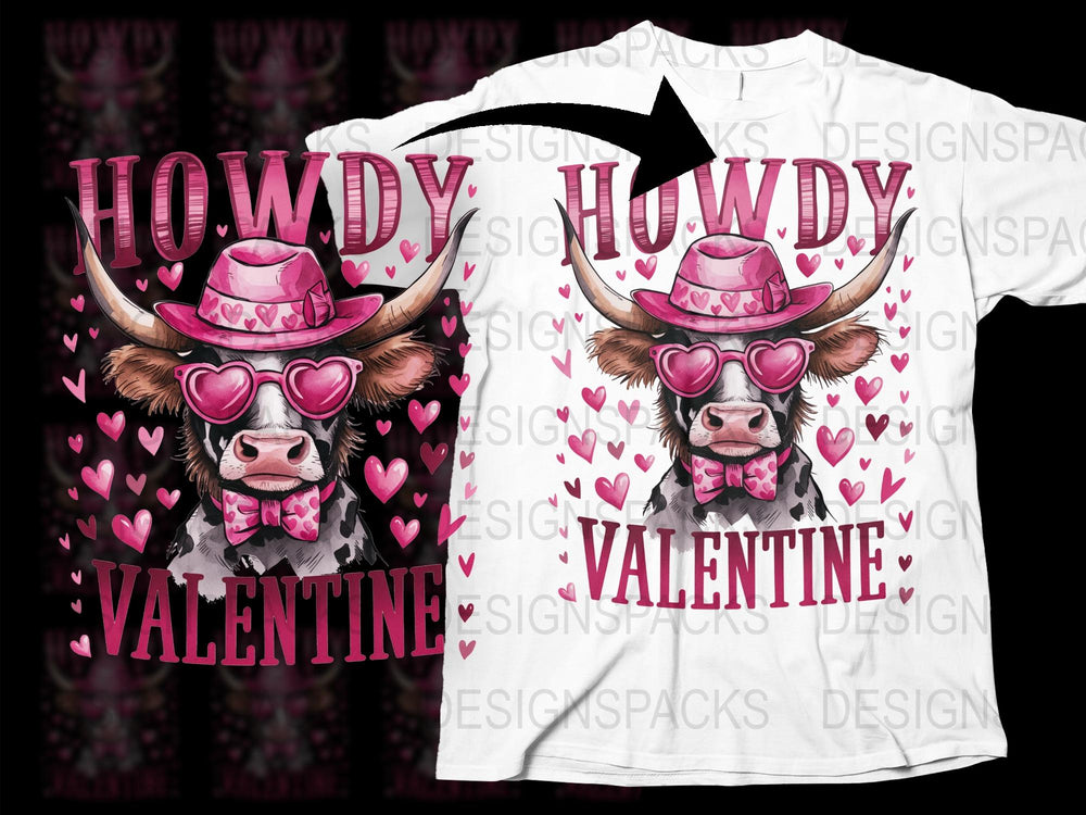 Howdy Valentine Cow T-Shirt, Cute Farm Animal with Hearts, Pink Sunglasses, Western Style Valentine's Day Gift Tee