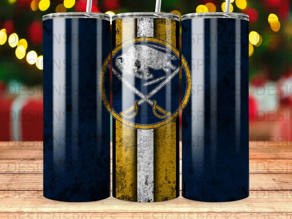 Buffalo Sabres logo on a dark blue and yellow striped tumbler.