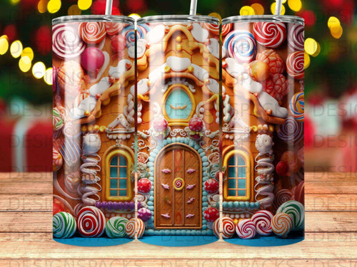 Gingerbread house design with candy decorations on a tumbler.