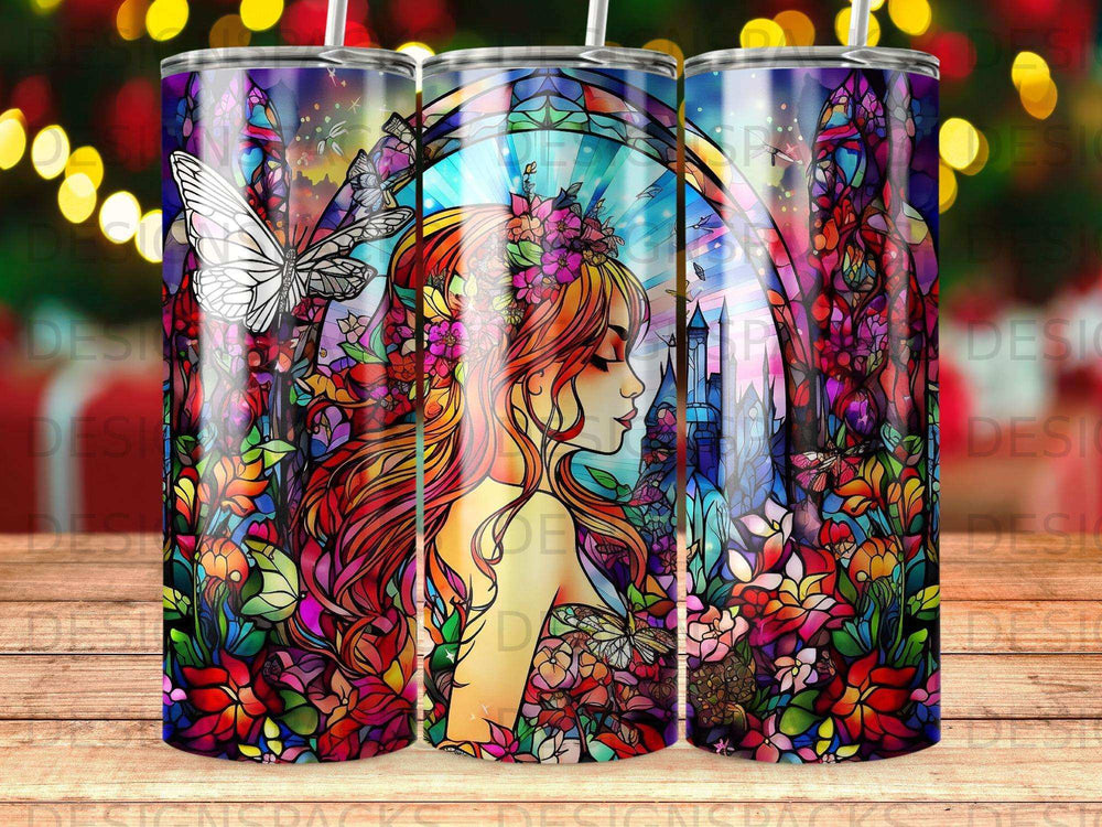 Woman with floral hair and butterfly, stained glass backdrop, vibrant colors.