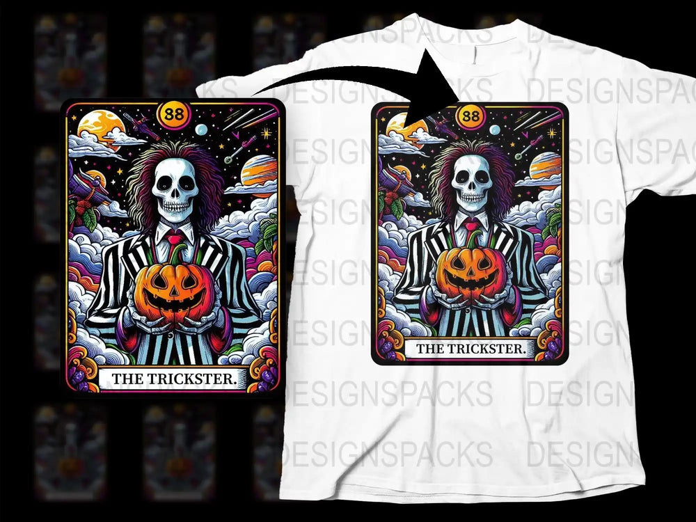 Halloween T-Shirt with Skeleton and Pumpkin Graphic, Trickster Tarot Card Design, Men's and Women's Spooky Tee