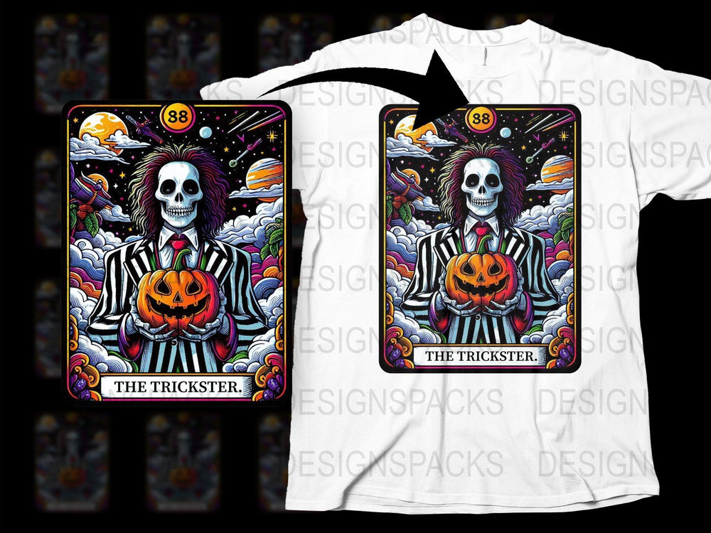Halloween T-Shirt with Skeleton and Pumpkin Graphic, Trickster Tarot Card Design, Men's and Women's Spooky Tee