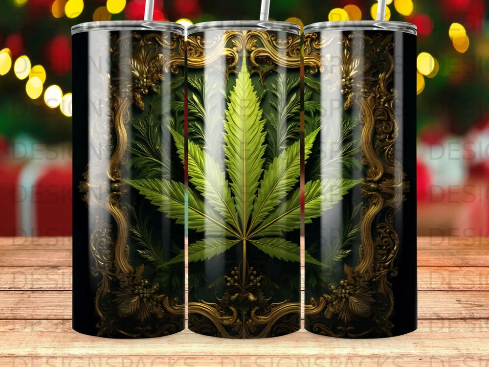 Green marijuana leaf with ornate gold frame against dark, textured background.
