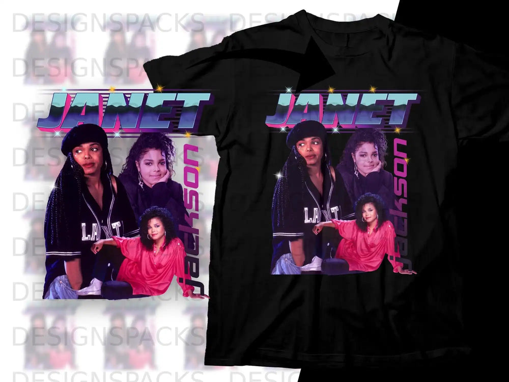 Janet Jackson on black t-shirt with retro graphic.