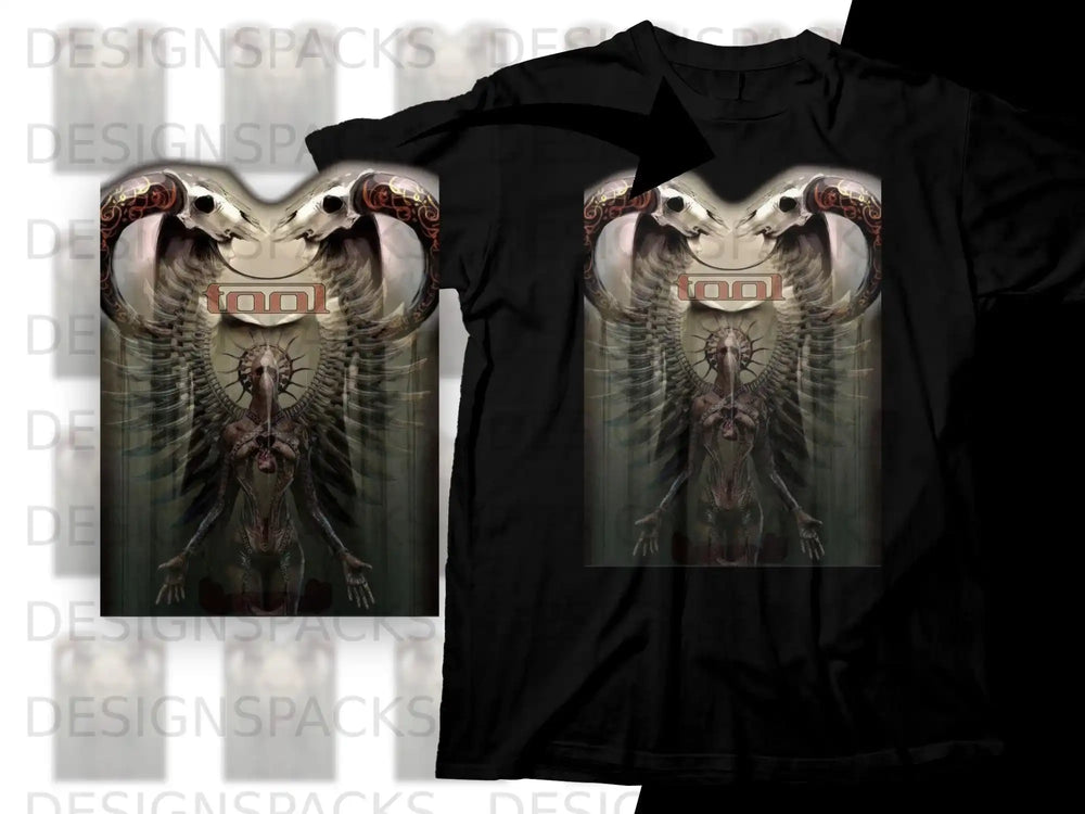 Black t-shirt with a detailed, winged skeletal figure with a crown of skulls.