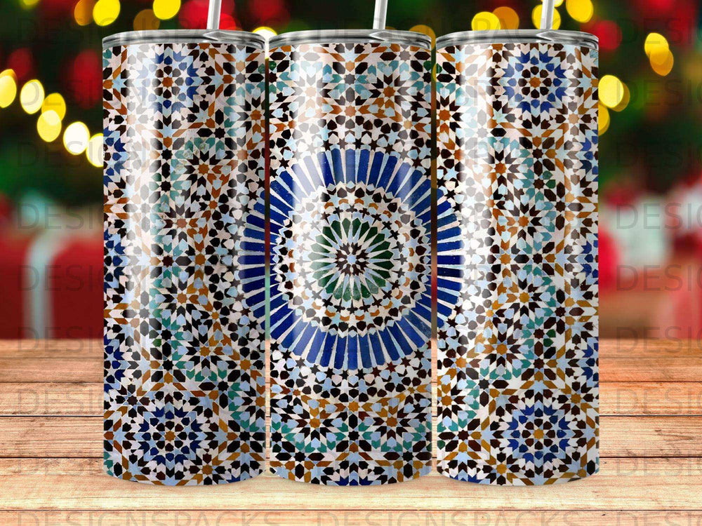 Triptych of tumblers with intricate blue and gold geometric mosaic patterns.