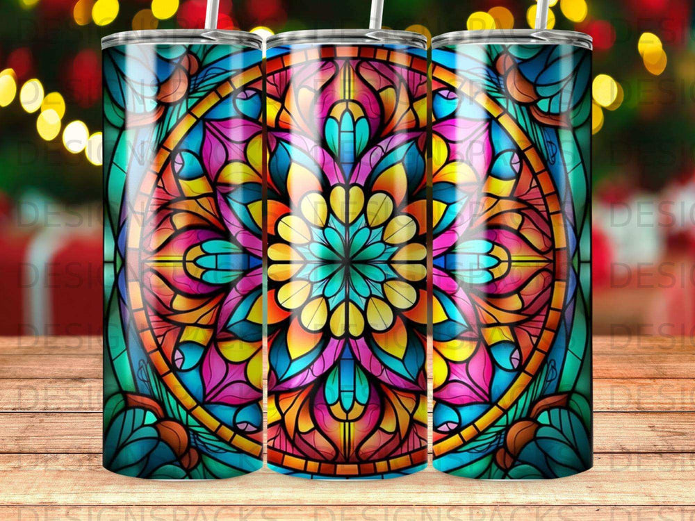 Stained glass mandala tumbler with colorful floral pattern.