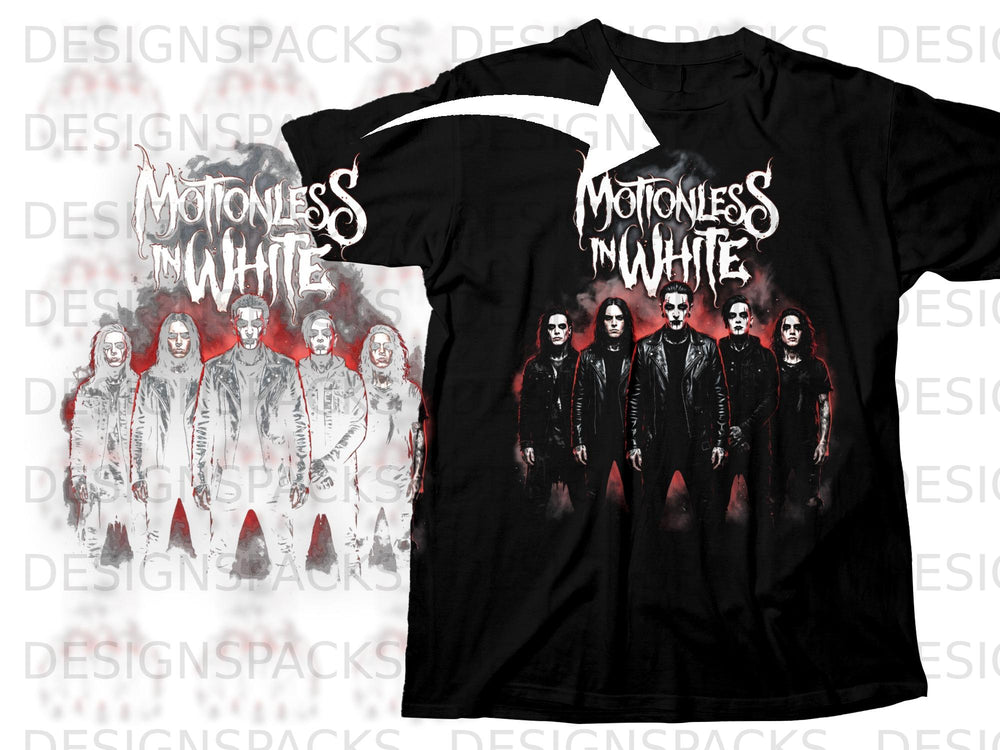 Black t-shirt featuring the band Motionless in White with five figures.
