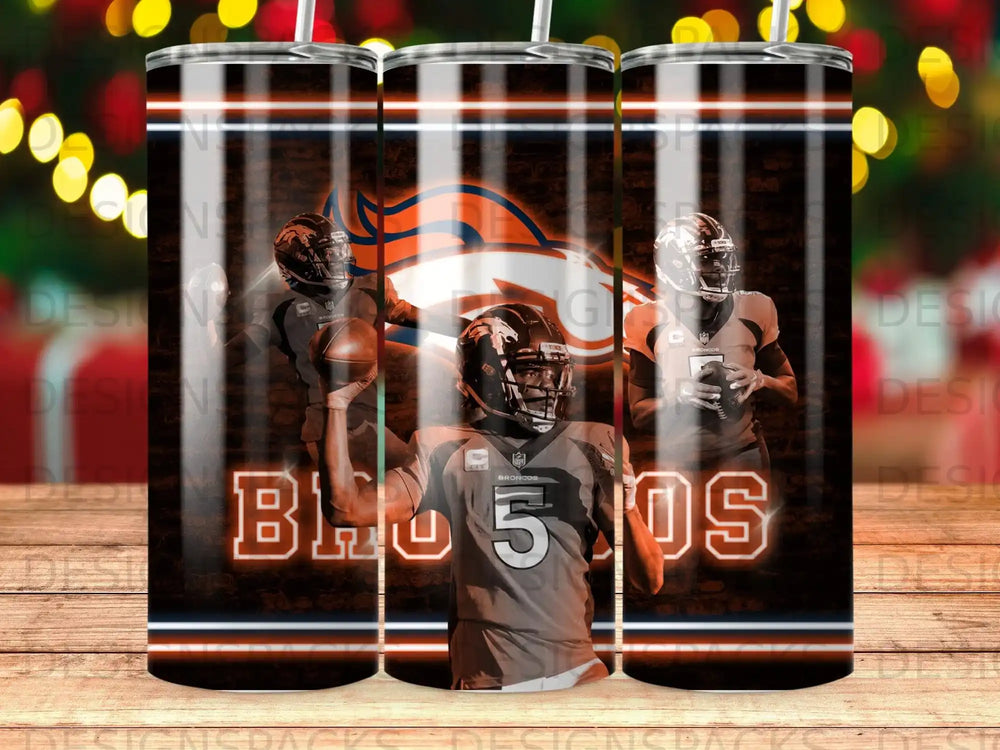 Denver Broncos logo and players on a brown textured tumbler wrap.