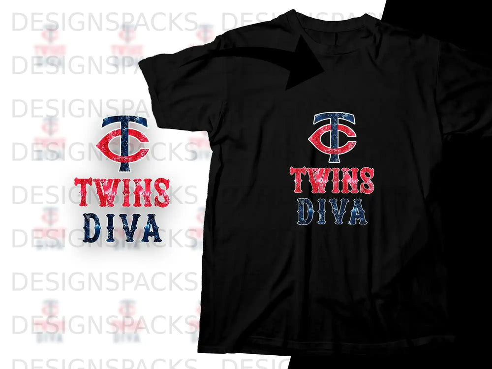Black t-shirt with red and blue "Twins Diva" text and logo.