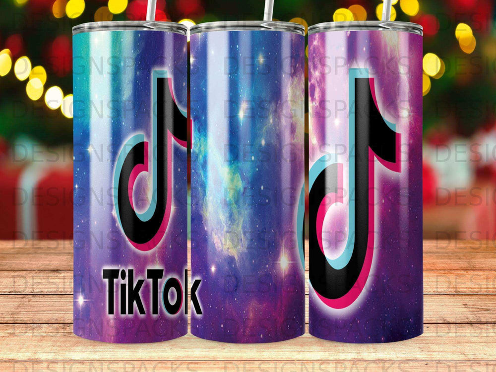 TikTok logo on a tumbler with a purple and blue galaxy design.