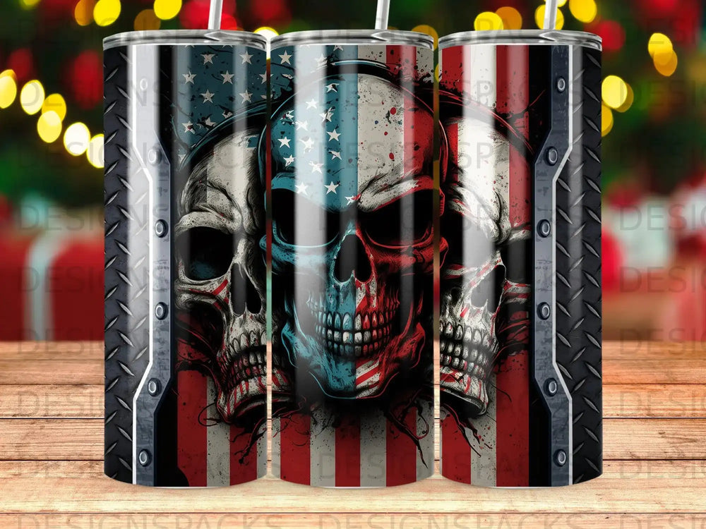 Three skulls with American flag background, one skull centered.