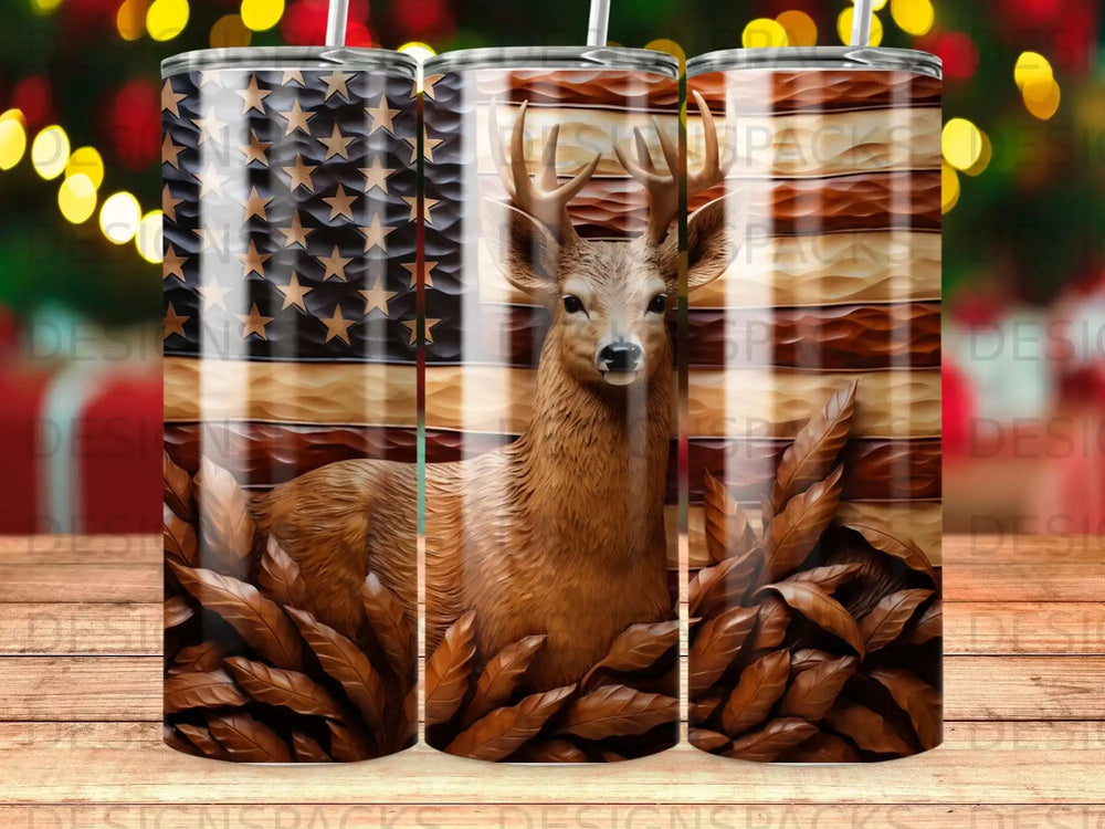 Deer in front of American flag design on a tumbler.