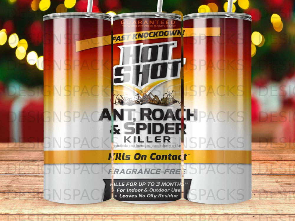 Hot Shot Ant, Roach & Spider Killer can with guarantee and usage details.