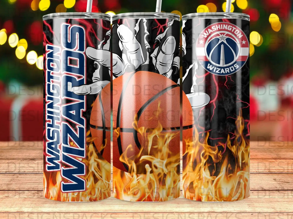 Washington Wizards basketball tumbler with flames and team logo.