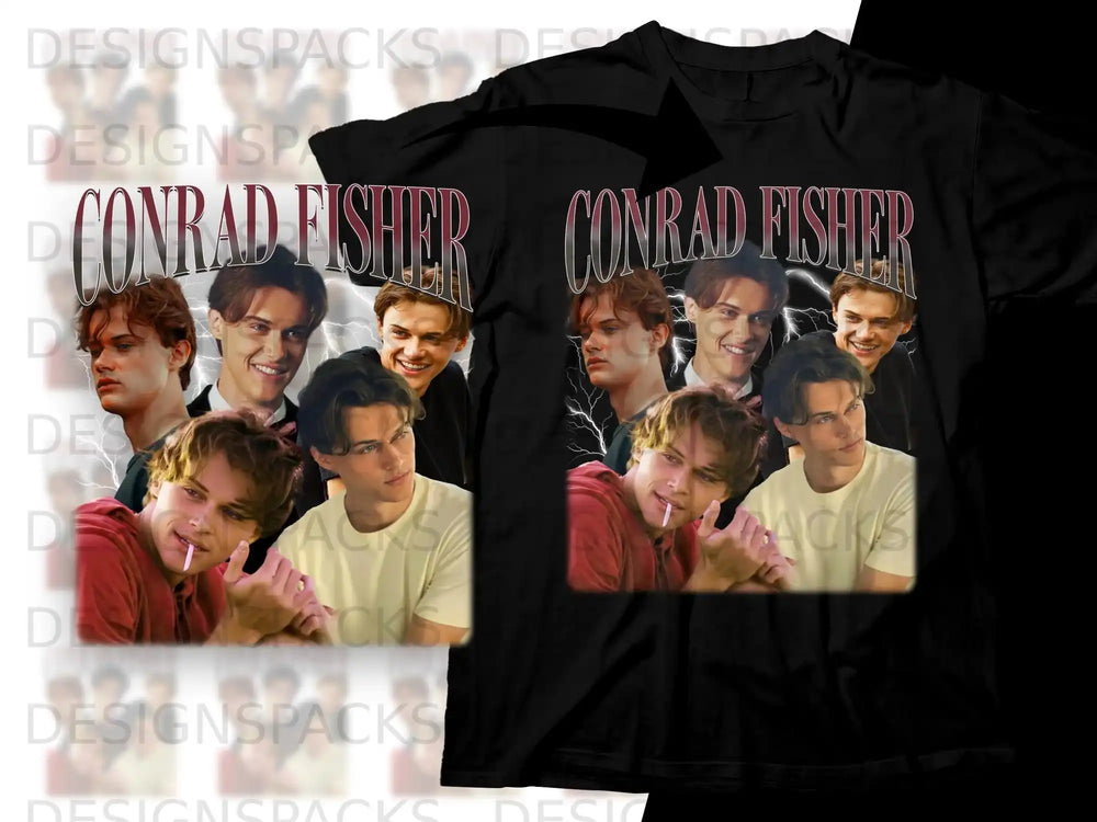 T-shirt graphic with Conrad Fisher collage and name.