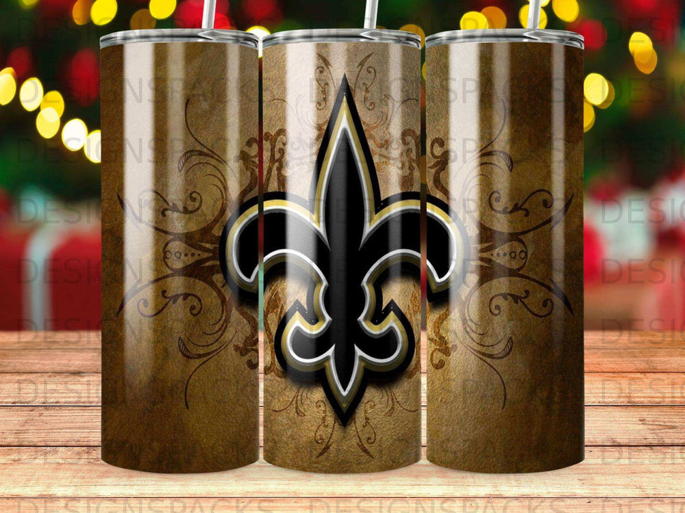 New Orleans Saints fleur-de-lis logo on textured brown background with festive lights.