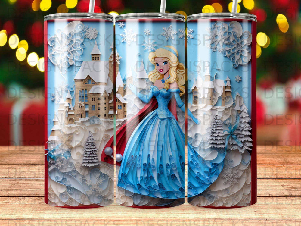 Princess in blue gown with snowflakes and winter castle background.
