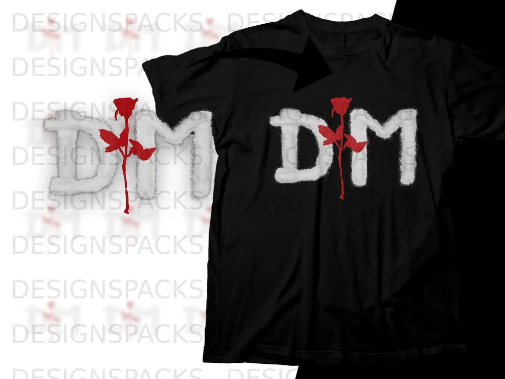 Black t-shirt with a red rose and the letters DM.