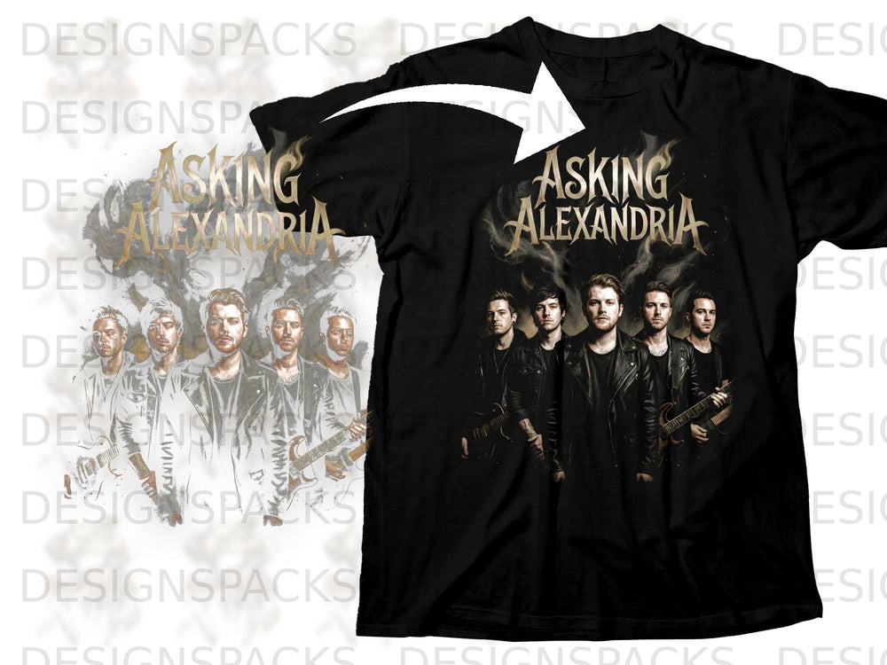 Black t-shirt with the band Asking Alexandria logo and image.