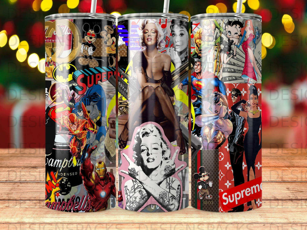 Collage of pop culture icons, including Batman, Superman, Marilyn Monroe, and Mickey Mouse.