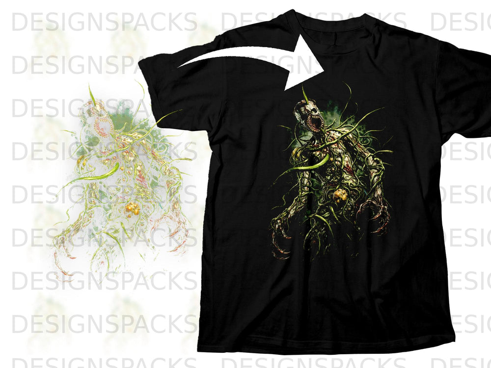 Black t-shirt featuring a detailed horror graphic of a creature entwined with vines.