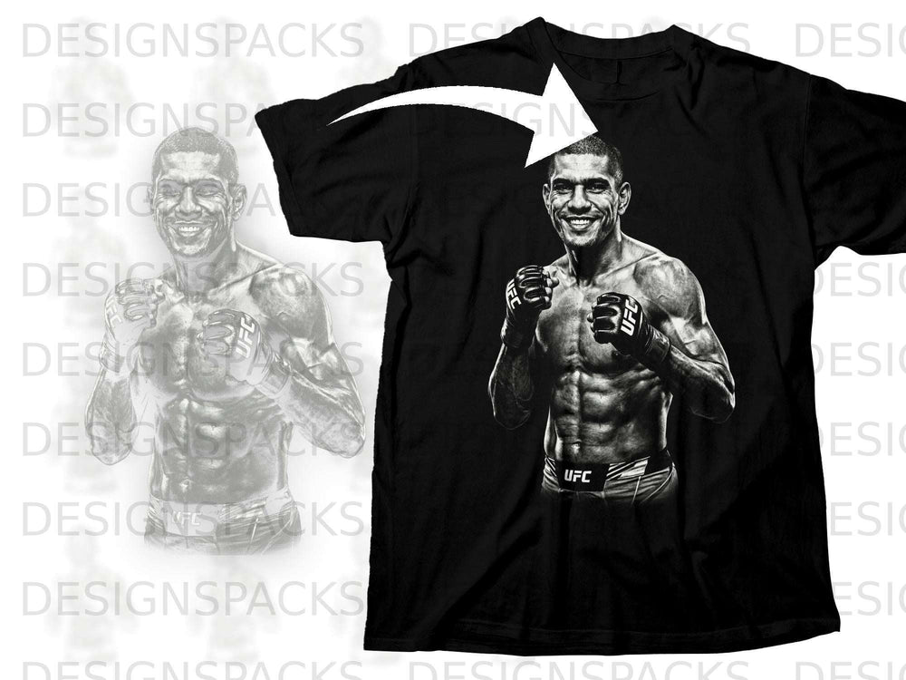 Black t-shirt with a graphic of a smiling UFC fighter in boxing gloves.
