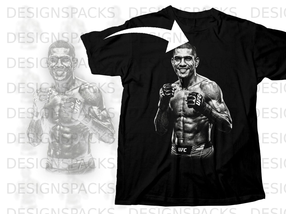 Black t-shirt with a graphic of a smiling UFC fighter in boxing gloves.