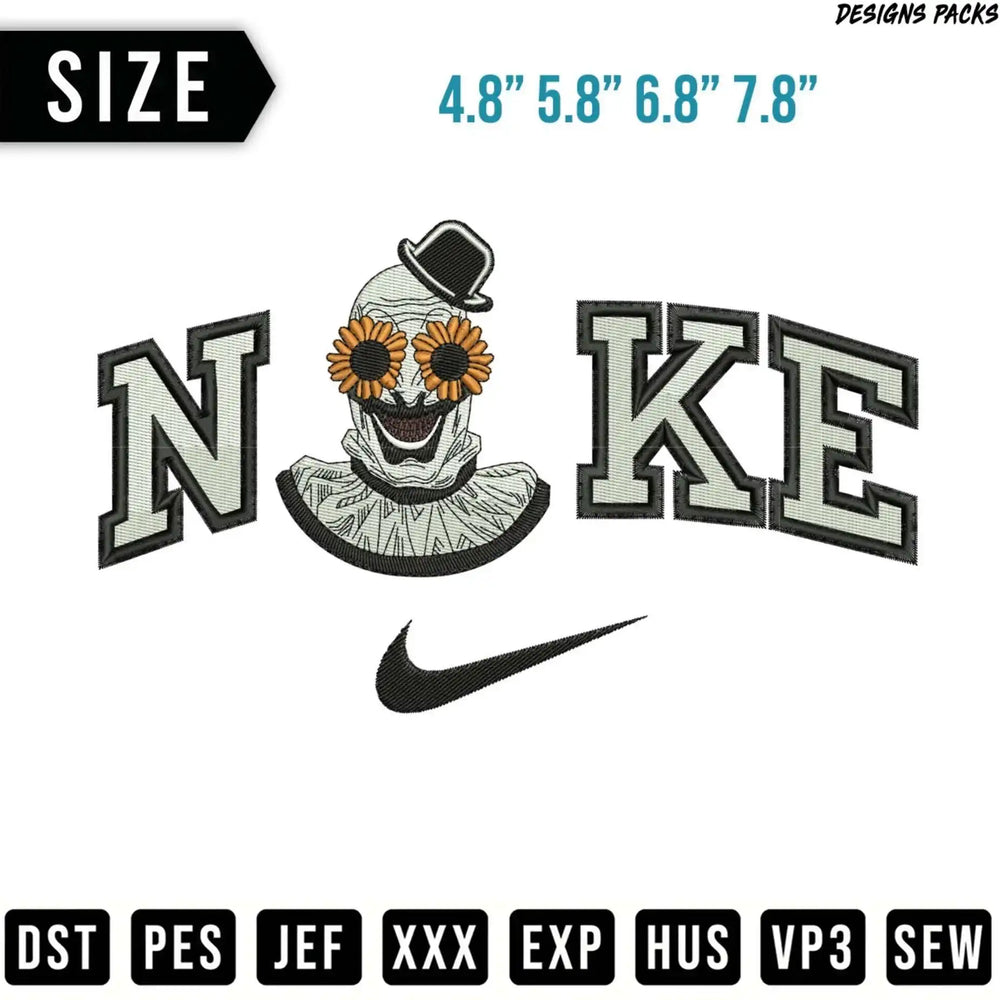 Nike logo with clown face and embroidered file types.