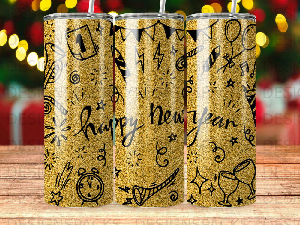 Gold glitter tumbler with "Happy New Year" text and festive New Year's Eve doodles.