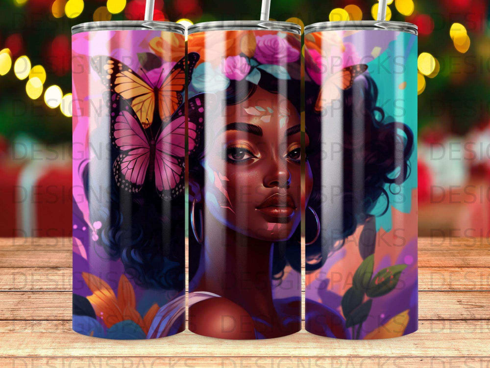 Woman with butterflies and flowers on a colorful tumbler.