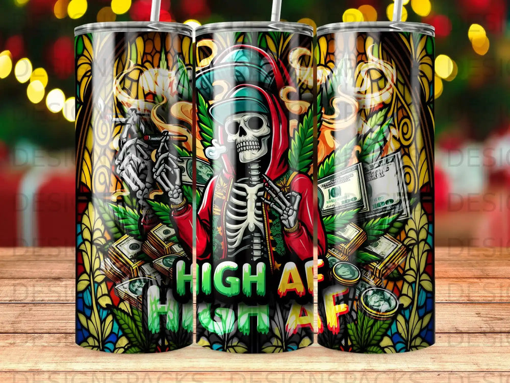 Skeleton smoking a joint, surrounded by money and stained glass patterns.