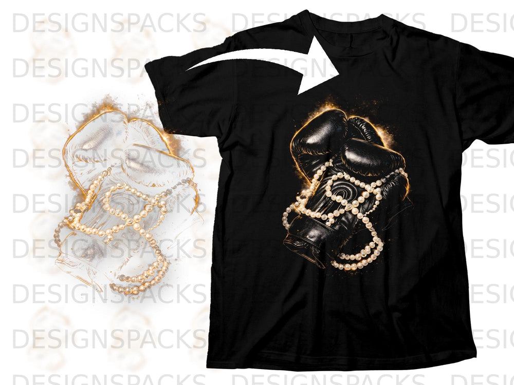 Black t-shirt featuring a graphic of boxing gloves with pearls and a golden glow.