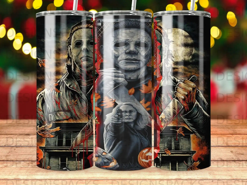 Michael Myers Halloween tumbler with house and pumpkin illustration.
