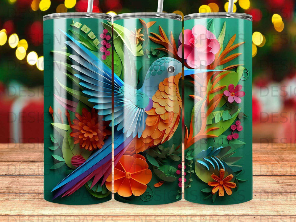 Hummingbird with colorful wings and floral elements.