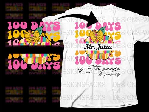 100 Days of School T-Shirt, Colorful Pumpkin Design, Teacher's 5th Grade Celebration Tee, Customizable Name