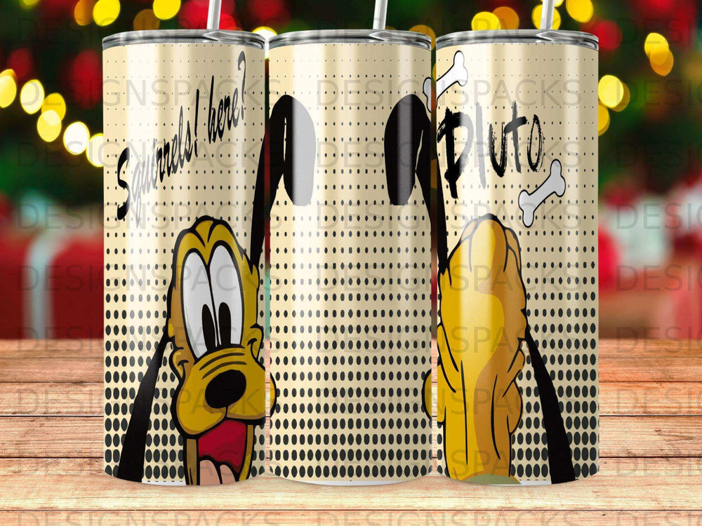 Pluto character on a tan background with scattered black dots and text.