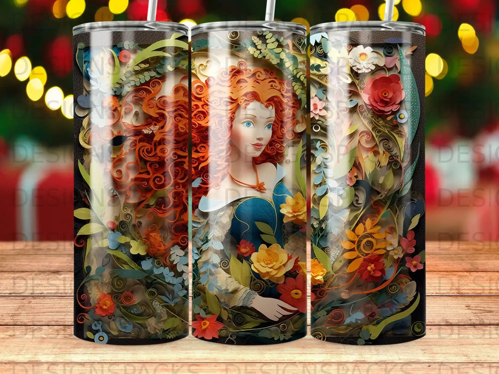 Red-haired woman with blue eyes surrounded by vibrant flowers and foliage.