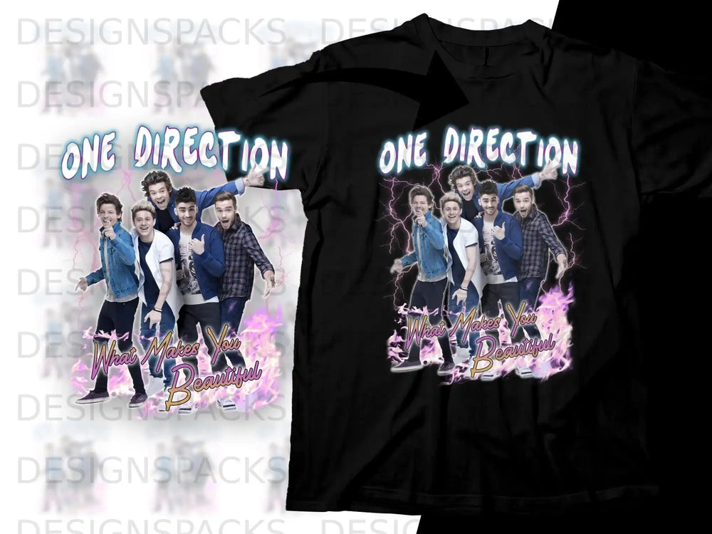 One Direction "What Makes You Beautiful" graphic on black t-shirt.