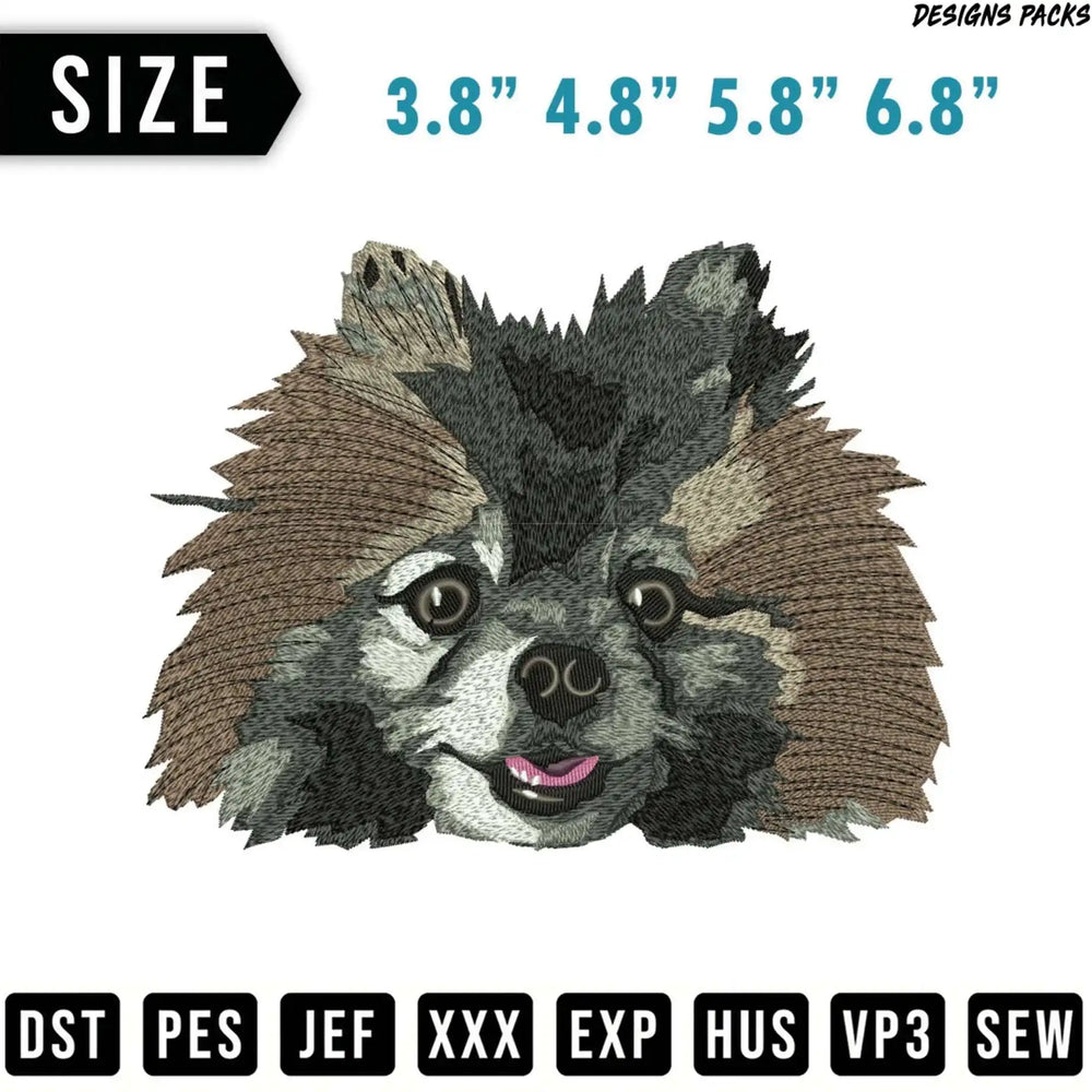 Pomeranian dog embroidery design with size and file format options.