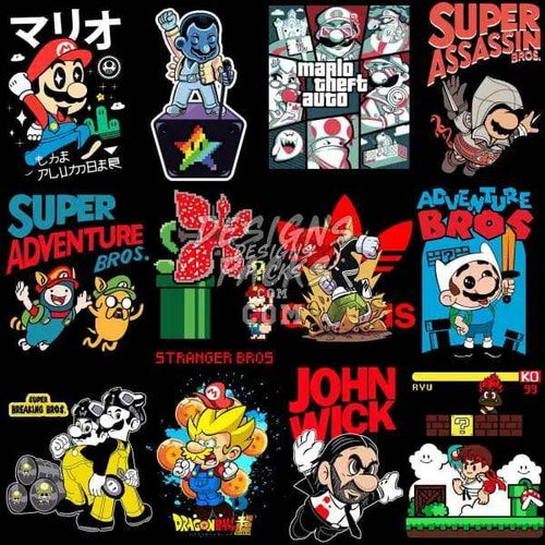Print-ready PNG designs featuring Mario, John Wick, and Adventure Bros for DTF/DTG and embroidery
